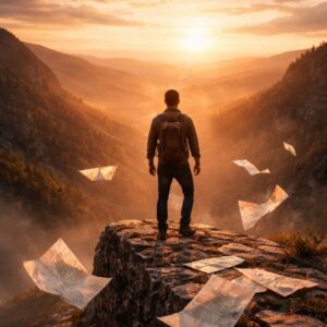 Person standing at the edge of a cliff at sunset, symbolizing letting go of our plans and embracing a new life direction.
