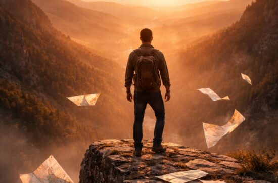 Person standing at the edge of a cliff at sunset, symbolizing letting go of our plans and embracing a new life direction.