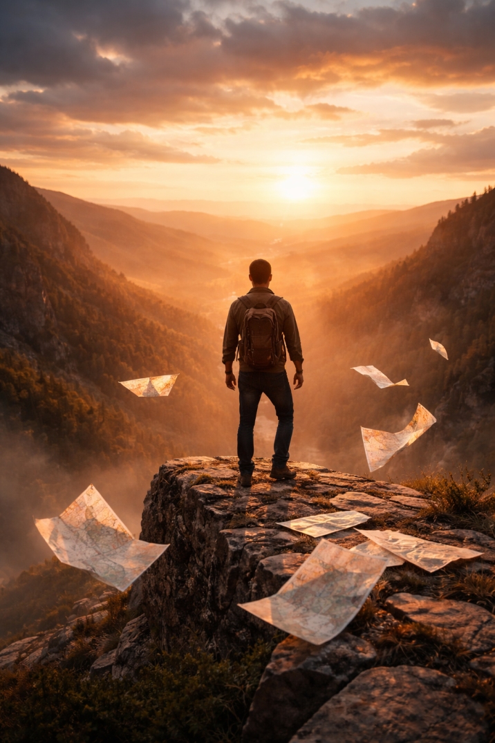 Person standing at the edge of a cliff at sunset, symbolizing letting go of our plans and embracing a new life direction.
